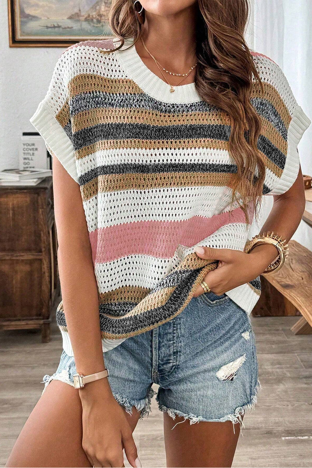 Blue Zone Planet | Pink Stripe Colorblock Eyelet Knit Short Sleeve Sweater Tee-Short Sleeve Sweater-[Adult]-[Female]-2022 Online Blue Zone Planet