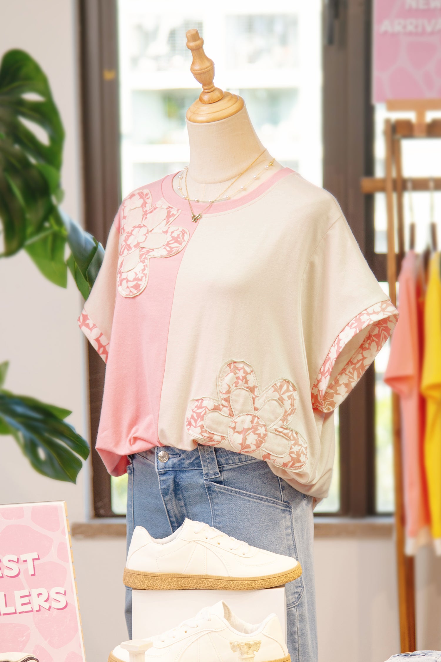 Apricot Color Block Flower Patched Loose T Shirt-Tops/Tops & Tees-[Adult]-[Female]-2022 Online Blue Zone Planet
