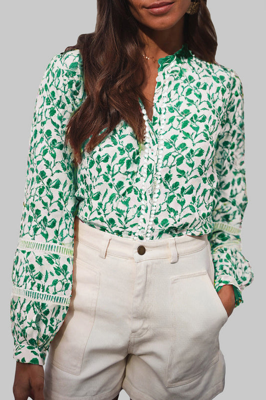 Green Printed Lace Detail Floral Puff Sleeve Fall Shirt-Tops/Blouses & Shirts-[Adult]-[Female]-Green Printed-S-2022 Online Blue Zone Planet