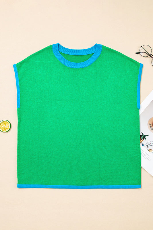 Green Contrast Trim Round Neck Short Sleeve Loose Knit Sweater-TOPS / DRESSES-[Adult]-[Female]-2022 Online Blue Zone Planet