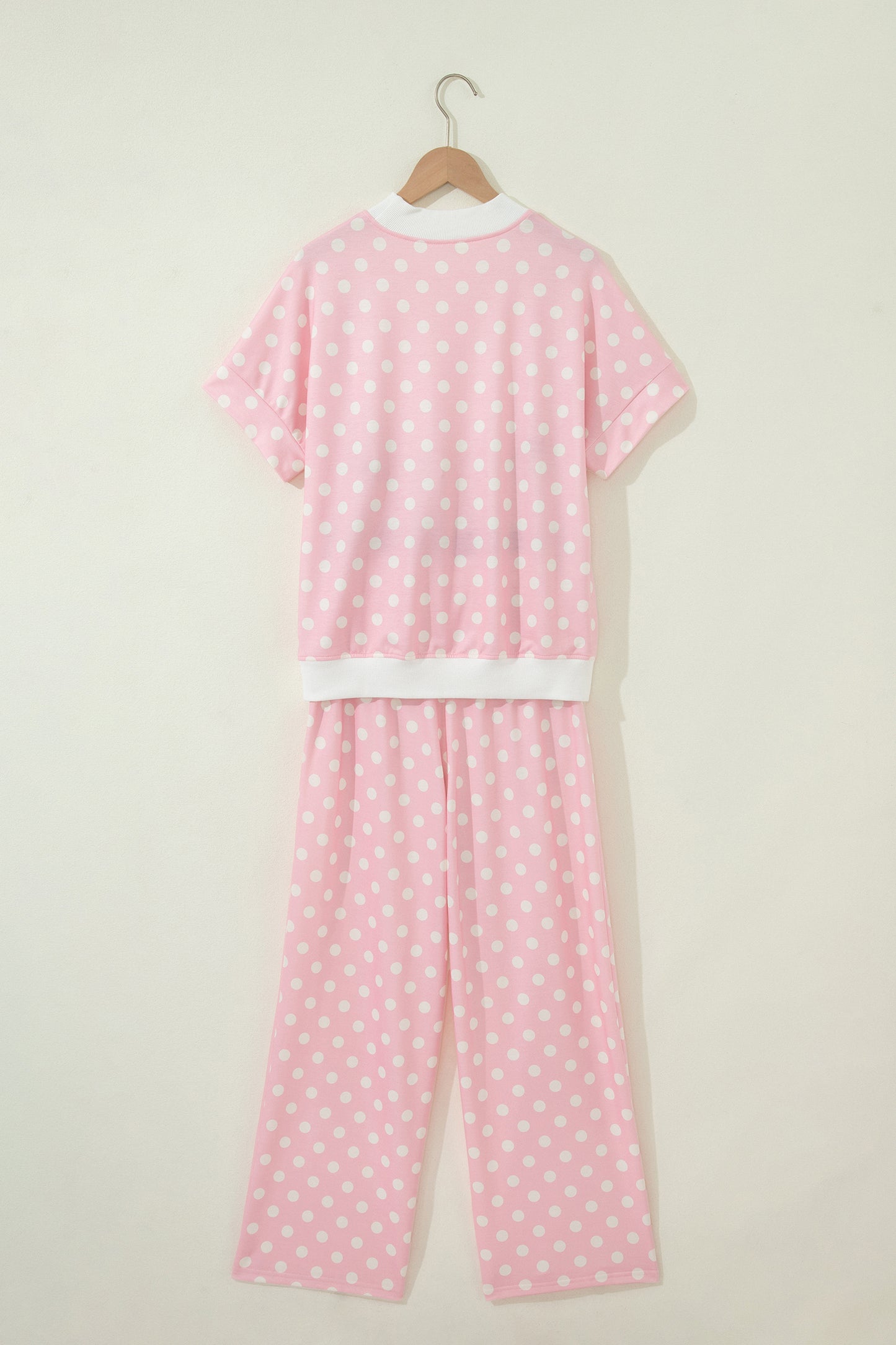 Pink Polka Dot Print Mock Neck Short Sleeve Top Shift Pant Set-Two Piece Sets/Pant Sets-[Adult]-[Female]-2022 Online Blue Zone Planet