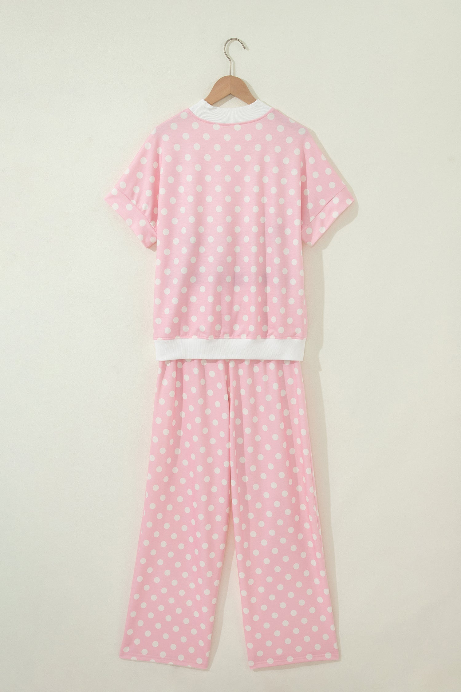 Pink Polka Dot Print Mock Neck Short Sleeve Top Shift Pant Set-Two Piece Sets/Pant Sets-[Adult]-[Female]-2022 Online Blue Zone Planet