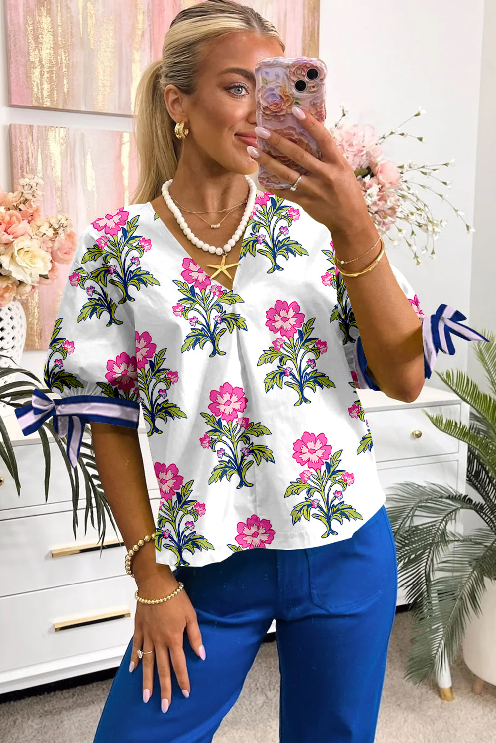 White Floral Colorblock Stripe Knot Bubble Sleeve V Neck Blouse-Tops/Blouses & Shirts-[Adult]-[Female]-2022 Online Blue Zone Planet