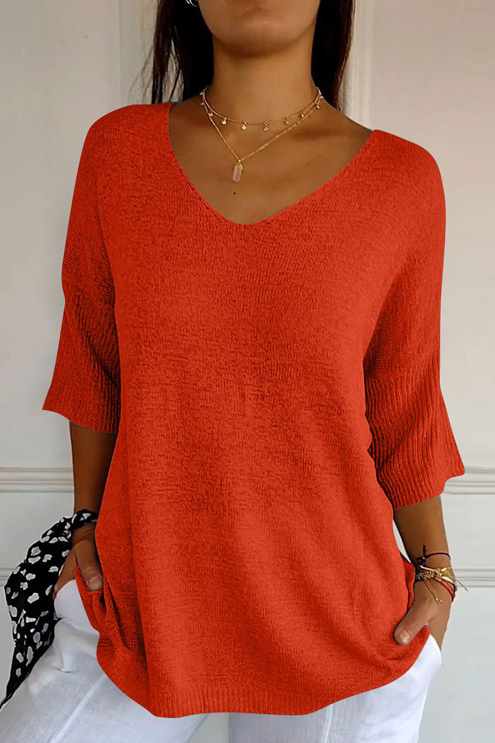 V-Neck Three-Quarter Sleeve Knit Top-TOPS / DRESSES-[Adult]-[Female]-Red-One Size-2022 Online Blue Zone Planet