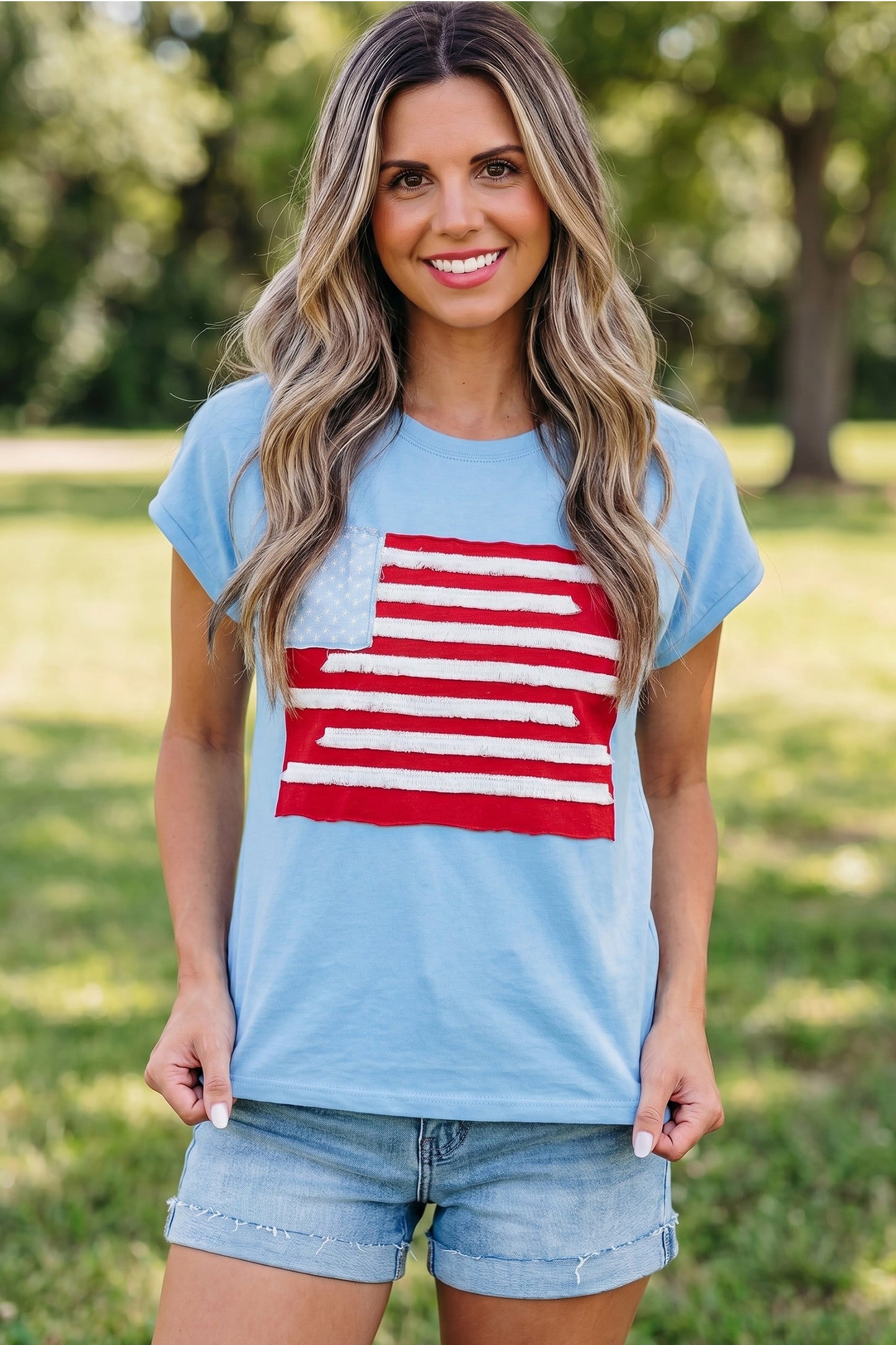 Mist Blue Usa Flag Textured Patchwork Cap Sleeve Tee-Tops/Tops & Tees-[Adult]-[Female]-2022 Online Blue Zone Planet