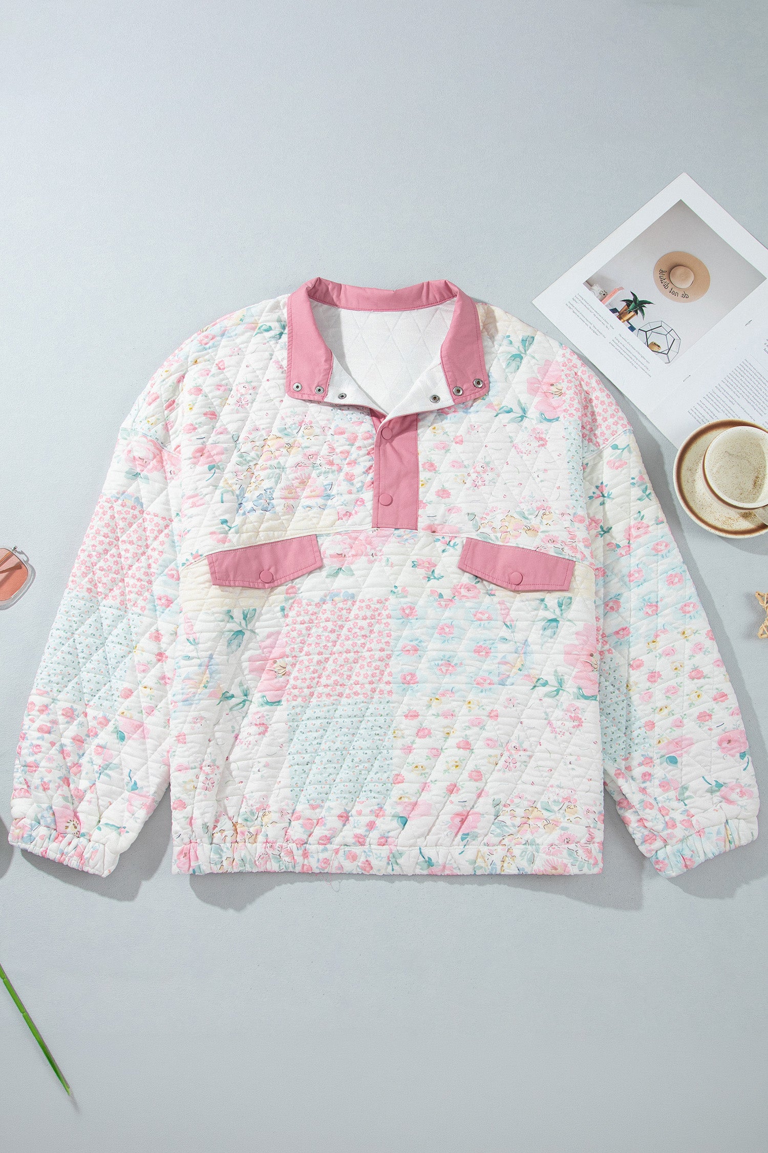 Pink Floral Quilted V-Neck Plus Size Fake Pocket Sweatshirt-Plus Size/Plus Size Sweatshirts & Hoodies-[Adult]-[Female]-2022 Online Blue Zone Planet