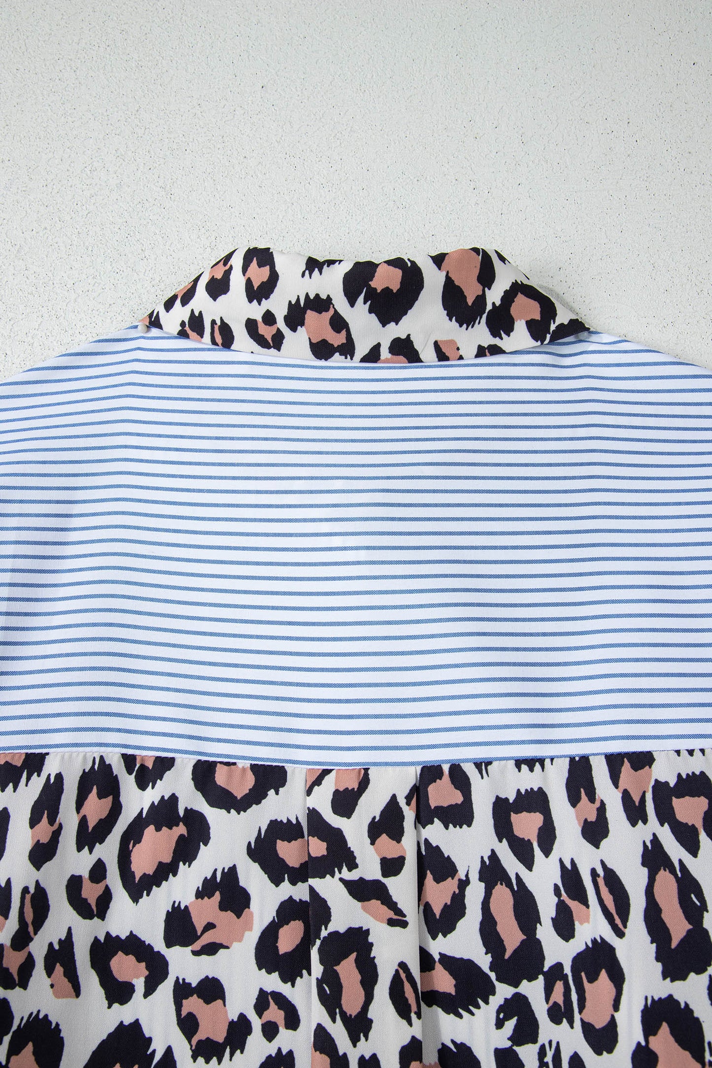 Sky Blue Stripe Colorblock Leopard Patchwork Chest Pocket Cuffed Sleeve Shirt-Tops/Blouses & Shirts-[Adult]-[Female]-2022 Online Blue Zone Planet