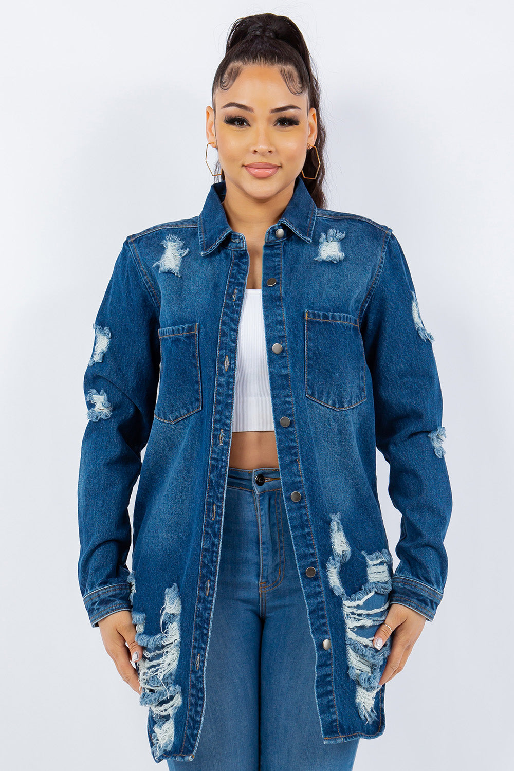 Blue Zone Planet | American Bazi Distressed Button Up Long Sleeve Denim Jacket-TOPS / DRESSES-[Adult]-[Female]-Blue-S-2022 Online Blue Zone Planet