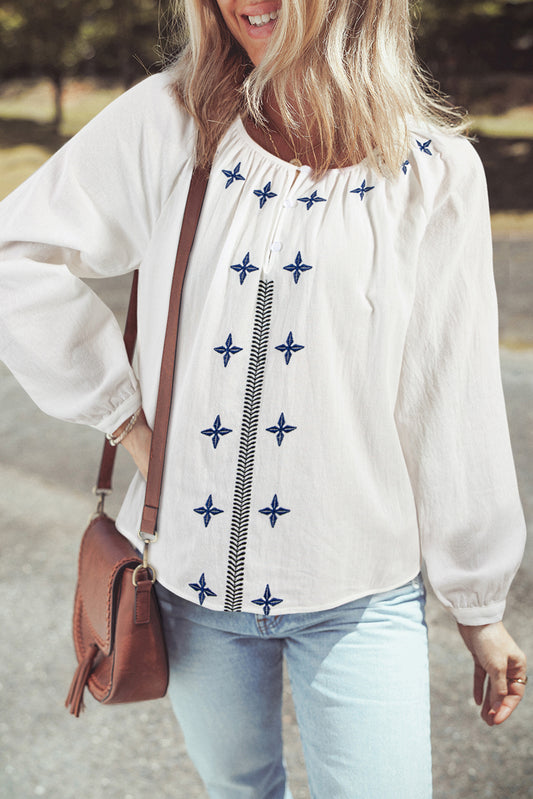 White Geometric Embroidered Long Sleeve Buttoned Blouse-Tops/Blouses & Shirts-[Adult]-[Female]-White-S-2022 Online Blue Zone Planet