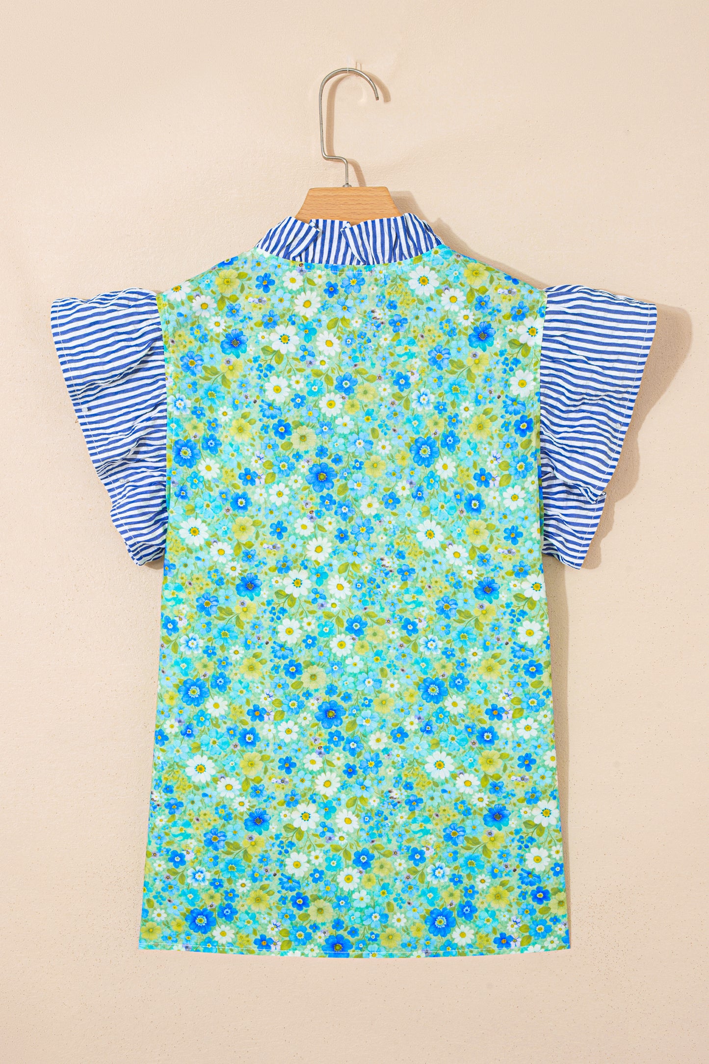 Green Floral Painting Print Striped Patchwork Flutter Sleeve V Neck Blouse-Tops/Blouses & Shirts-[Adult]-[Female]-2022 Online Blue Zone Planet