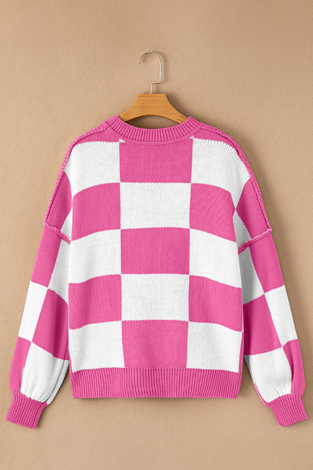 Blue Zone Planet | Pink Checked Bishop Sleeve Pullover Sweater-Sweaters-[Adult]-[Female]-2022 Online Blue Zone Planet