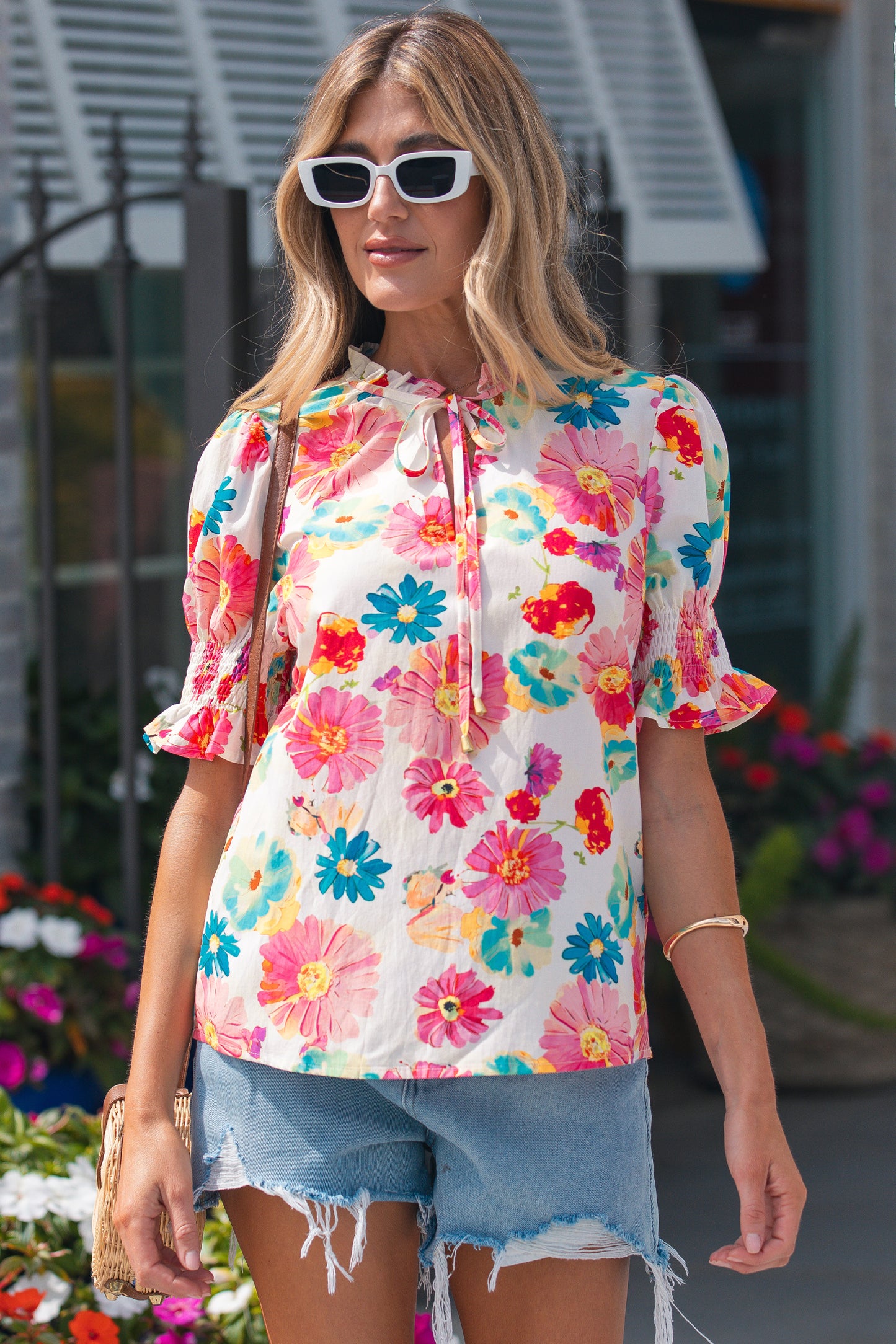 Beige Vibrant Summer Floral Tie V Neck Short Puff Sleeve Blouse-Tops/Blouses & Shirts-[Adult]-[Female]-2022 Online Blue Zone Planet