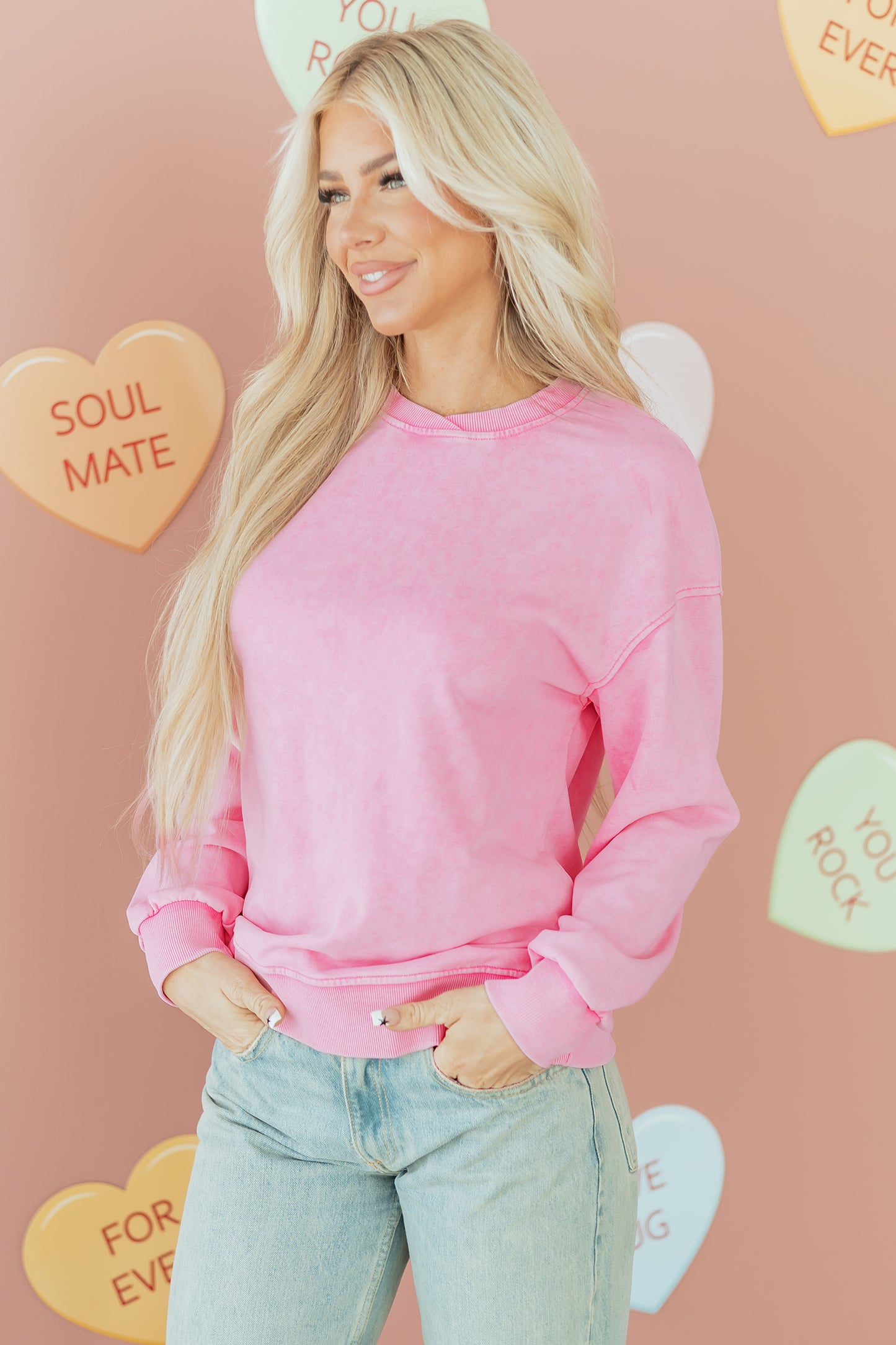 Bright Pink Mineral Wash Crossed Crew Neck Drop Shoulder Loose Sweatshirt-Tops/Sweatshirts & Hoodies-[Adult]-[Female]-2022 Online Blue Zone Planet