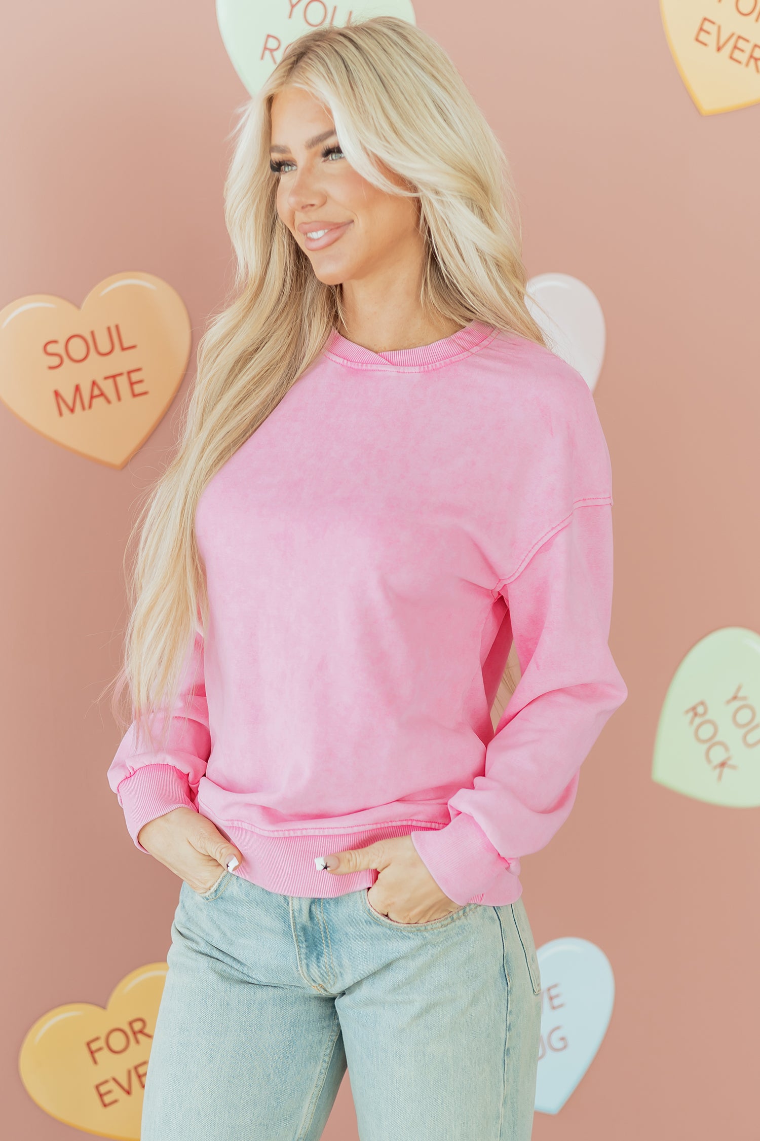 Bright Pink Mineral Wash Crossed Crew Neck Drop Shoulder Loose Sweatshirt-Tops/Sweatshirts & Hoodies-[Adult]-[Female]-2022 Online Blue Zone Planet
