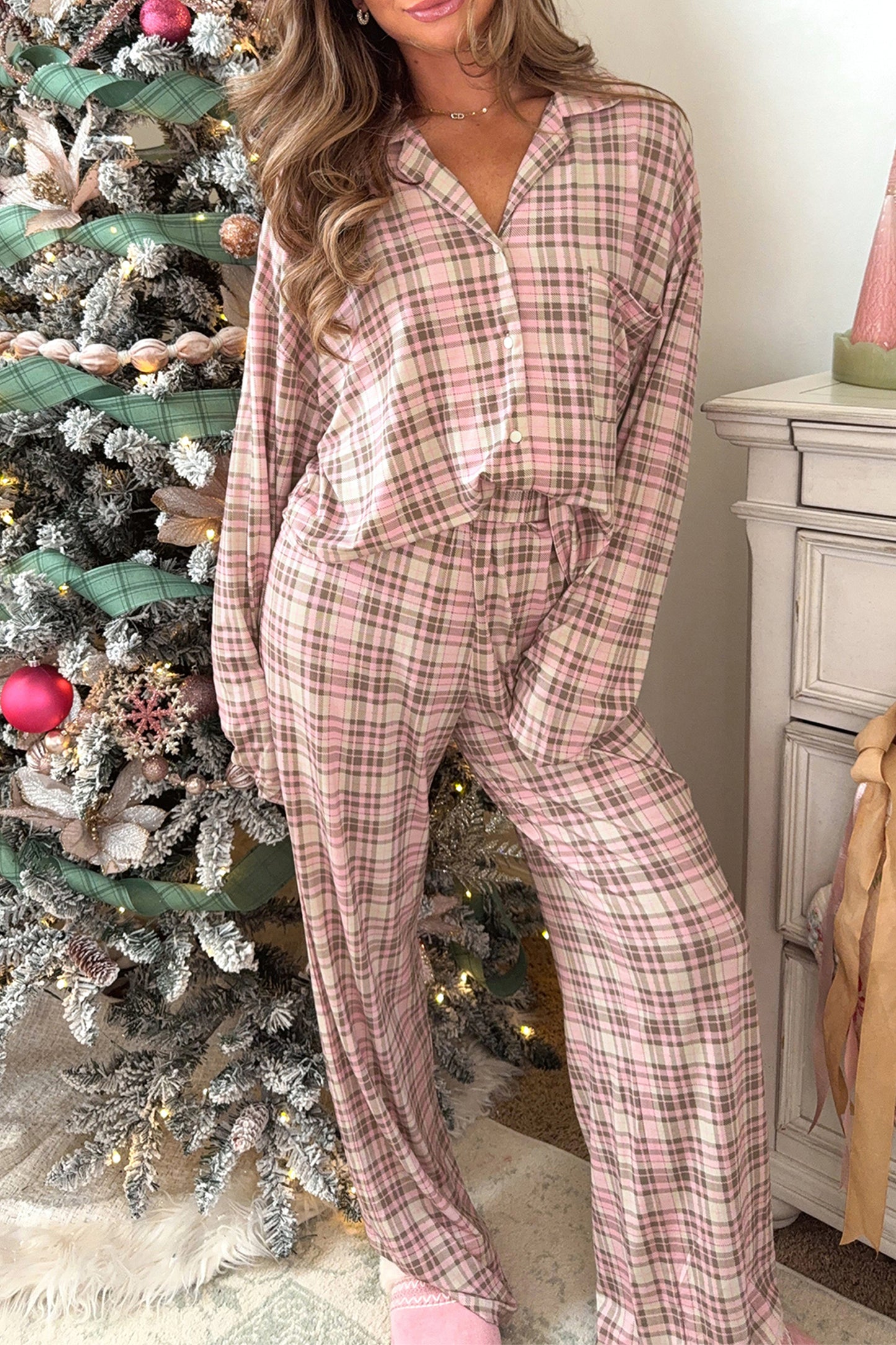 Pink Plaid Patch Pockets Long Sleeve Lounge Set-Loungewear & Sleepwear/Loungewear-[Adult]-[Female]-Pink-S-2022 Online Blue Zone Planet