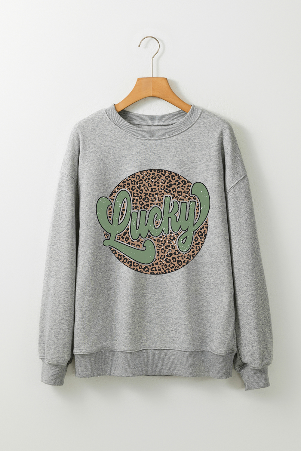 Gray Leopard Lucky Graphic Crewneck St Patrick Pullover Sweatshirt-Graphic Sweatshirts-[Adult]-[Female]-2022 Online Blue Zone Planet