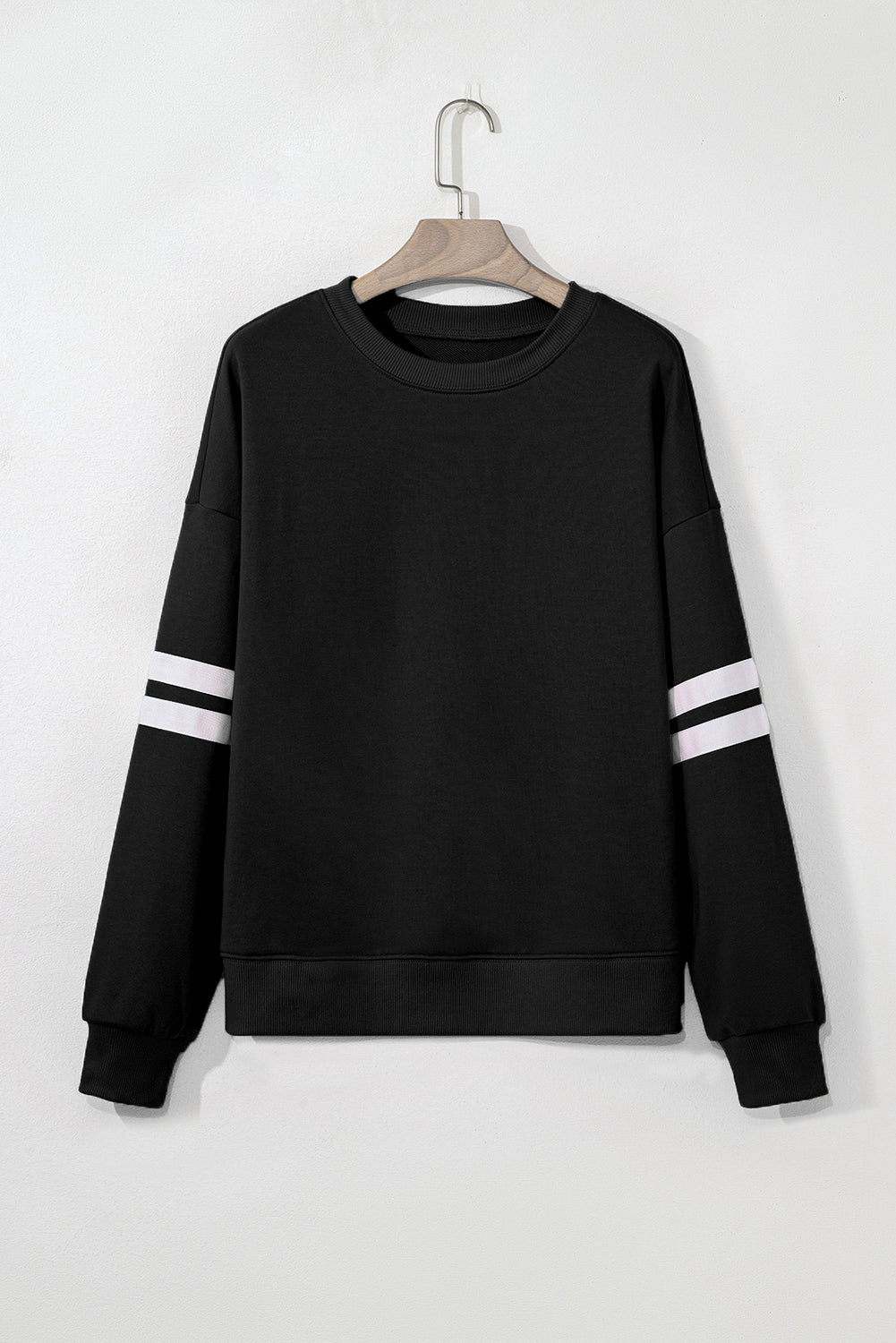 Black Varsity Striped Detail Drop Shoulder Oversized Sweatshirt-Tops/Sweatshirts & Hoodies-[Adult]-[Female]-2022 Online Blue Zone Planet