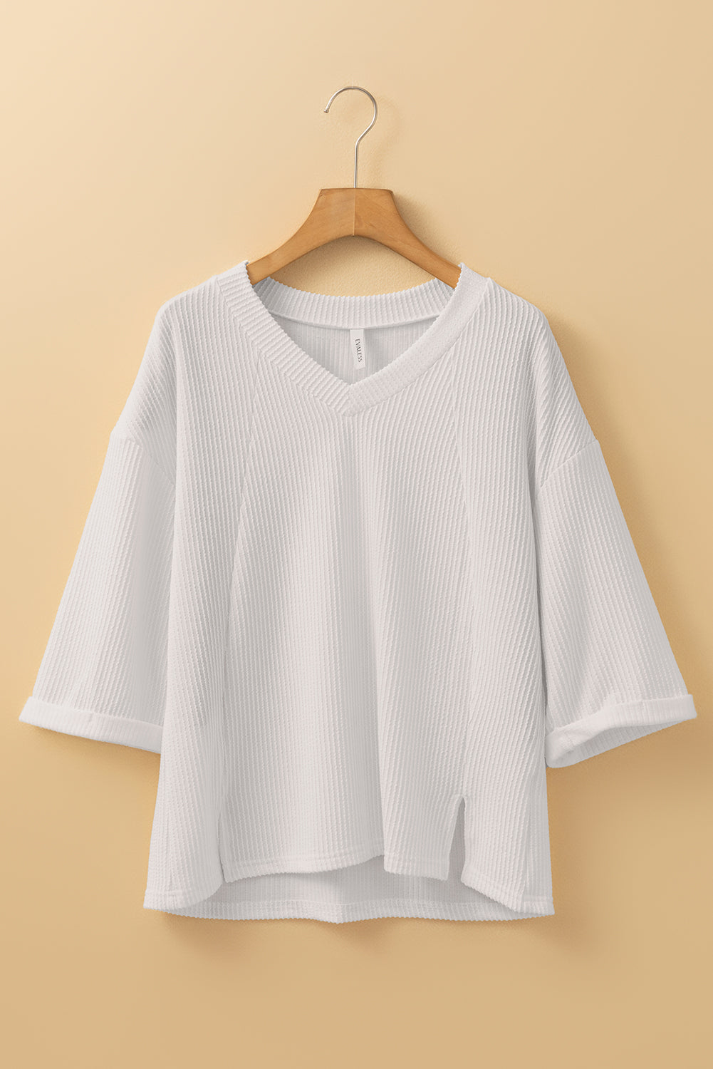 Blue Zone Planet | White Solid Color Corded Drop Shoulder 3/4 Sleeve V Neck Top-Tops/Long Sleeve Tops-[Adult]-[Female]-2022 Online Blue Zone Planet