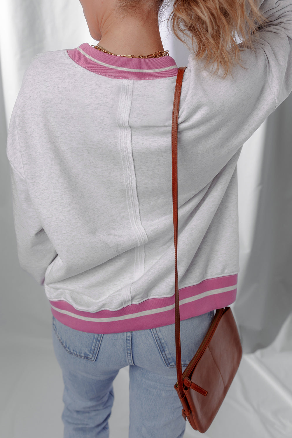 Gray Flower Patch Contrast Trim Crew Neck Sweatshirt-Tops/Sweatshirts & Hoodies-[Adult]-[Female]-2022 Online Blue Zone Planet