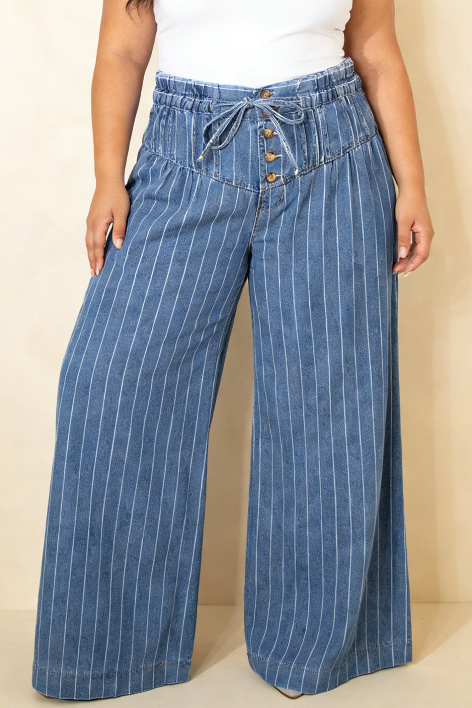Sky Blue Stripe Plus Size Buttoned Loose Wide Leg Denim Pants-Plus Size/Plus Size Bottoms-[Adult]-[Female]-Sky Blue Stripe-1X-2022 Online Blue Zone Planet