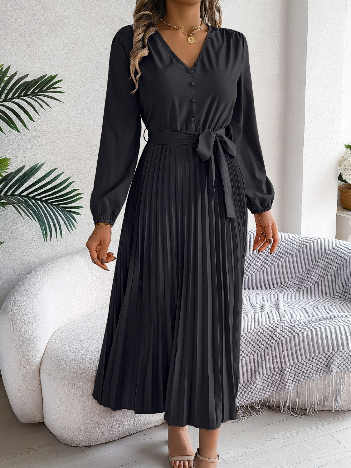 Pleated Tied V-Neck Long Sleeve Dress-TOPS / DRESSES-[Adult]-[Female]-2022 Online Blue Zone Planet