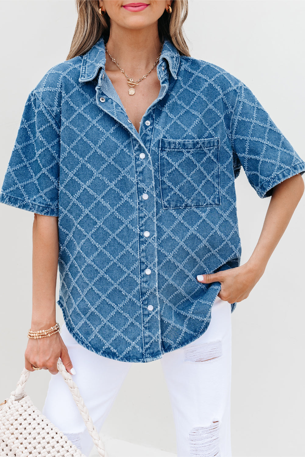 Dusk Blue Checkered Textured Short Sleeve Patched Pocket Denim Shirt-Tops/Blouses & Shirts-[Adult]-[Female]-2022 Online Blue Zone Planet