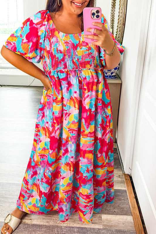 Rose Abstract Printed Puff Sleeve Square Neck Smocked Bust Tied Back Plus Size Dress-TOPS / DRESSES-[Adult]-[Female]-Rose-1X-2022 Online Blue Zone Planet