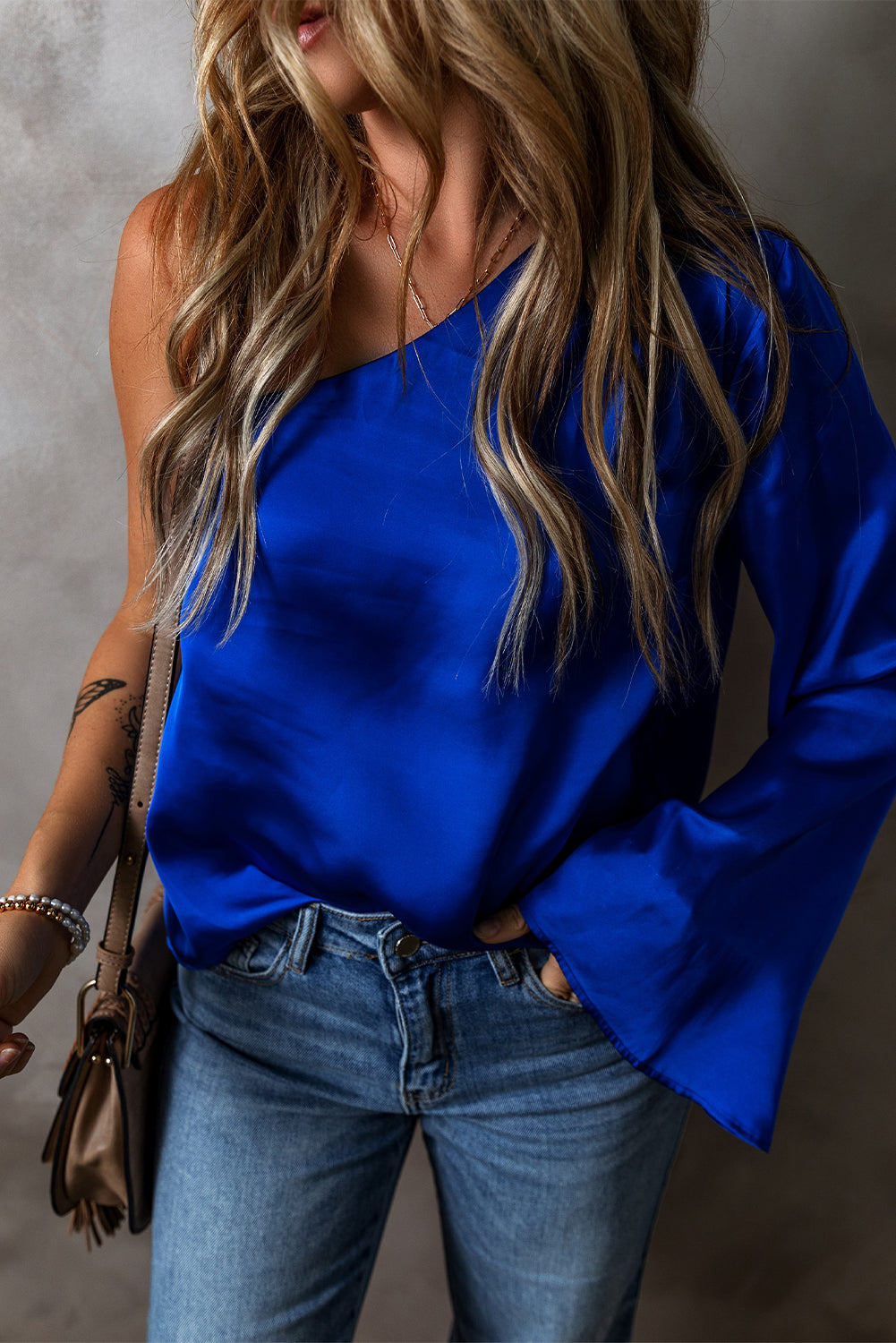 Dark Blue Asymmetric One Shoulder Bell Sleeve Satin Blouse-Tops/Blouses & Shirts-[Adult]-[Female]-Dark Blue-S-2022 Online Blue Zone Planet