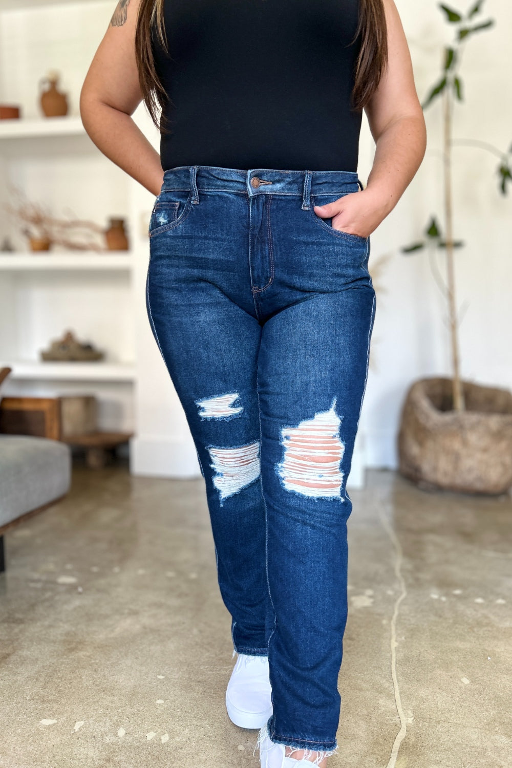 Blue Zone Planet | Judy Blue Full Size High Waist Rigid Magic Heavy Destroy Straight Jeans-TOPS / DRESSES-[Adult]-[Female]-2022 Online Blue Zone Planet