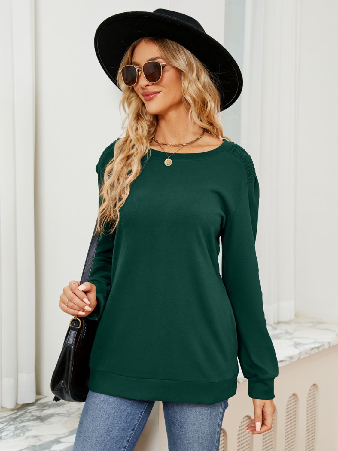 Ruched Shoulder Round Neck Long Sleeve Sweatshirt-TOPS / DRESSES-[Adult]-[Female]-2022 Online Blue Zone Planet