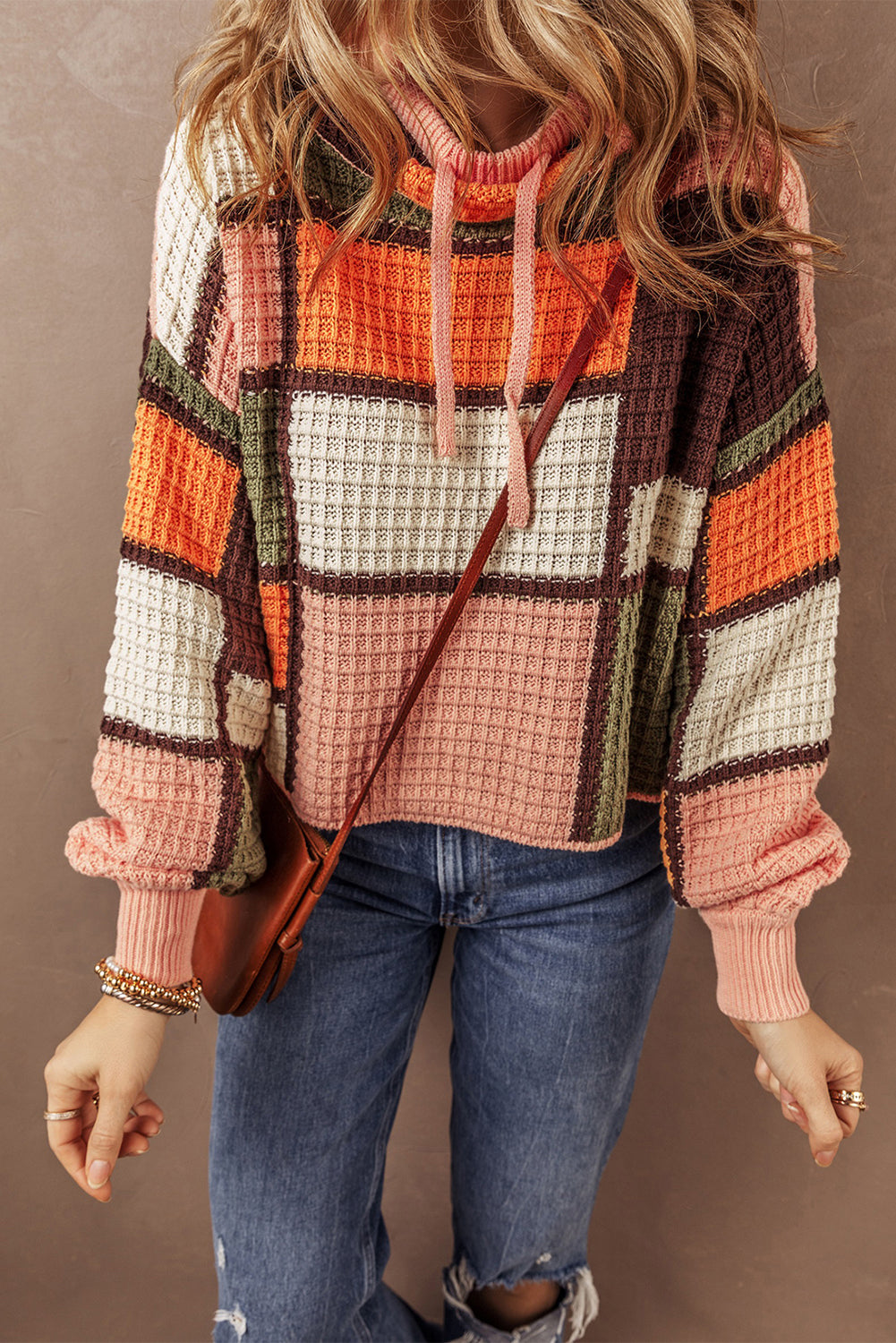 Orange Color Block Waffle Knit Drawstring Mock Neck Sweater-Sweaters & Cardigans/Sweaters-[Adult]-[Female]-2022 Online Blue Zone Planet