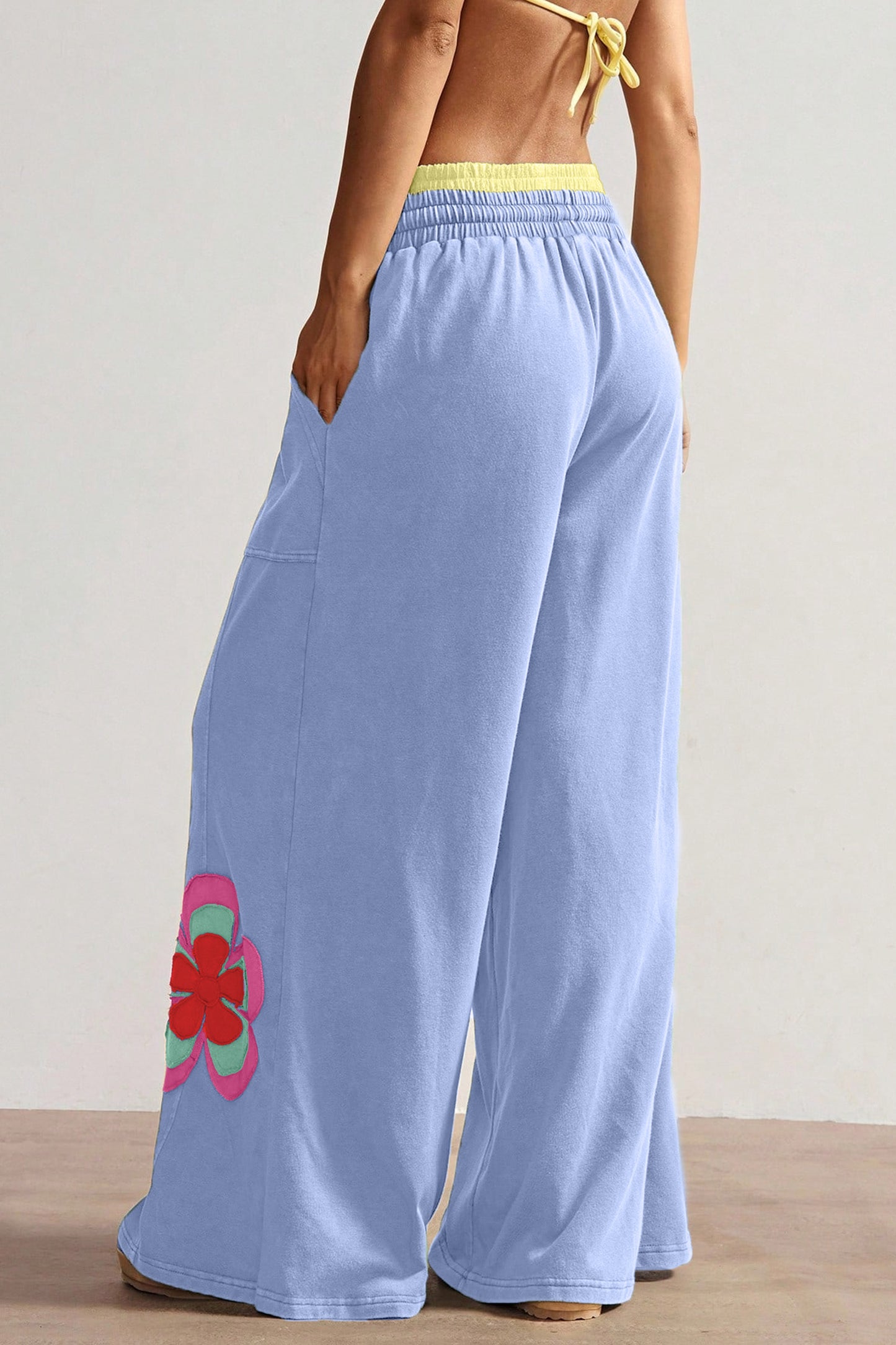 Sky Blue Color Block Flower Patchwork Drawstring Contrasted Elastic Waist Wide Leg Pants-Bottoms/Pants & Culotte-[Adult]-[Female]-2022 Online Blue Zone Planet