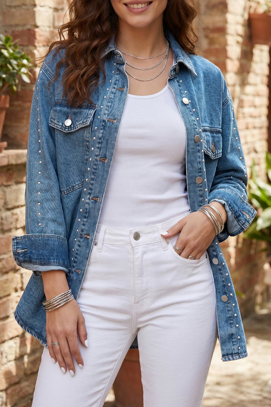Sail Blue Rivet Embellished Western Style Regular Fit Long Sleeve Denim Jacket-Outerwear/Denim jackets-[Adult]-[Female]-Sail Blue-S-2022 Online Blue Zone Planet