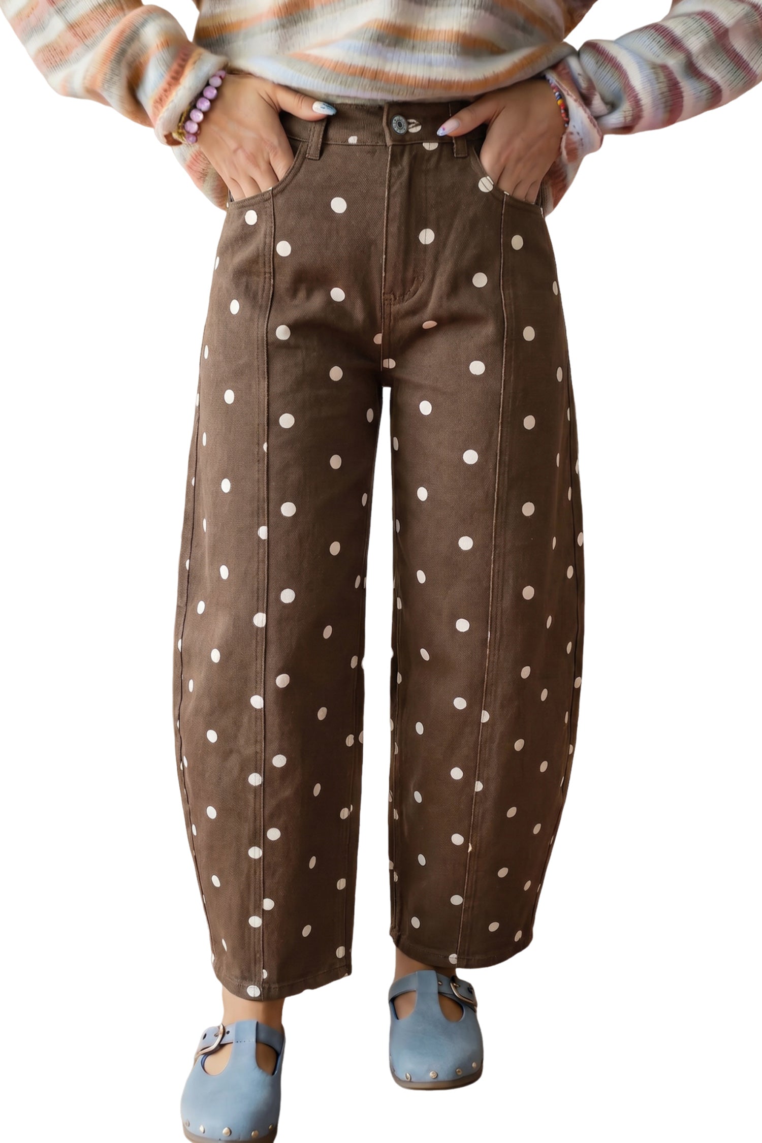 Brown Tailored Seam Polka Dot Print Barrel Casual Jeans-Bottoms/Jeans-[Adult]-[Female]-2022 Online Blue Zone Planet