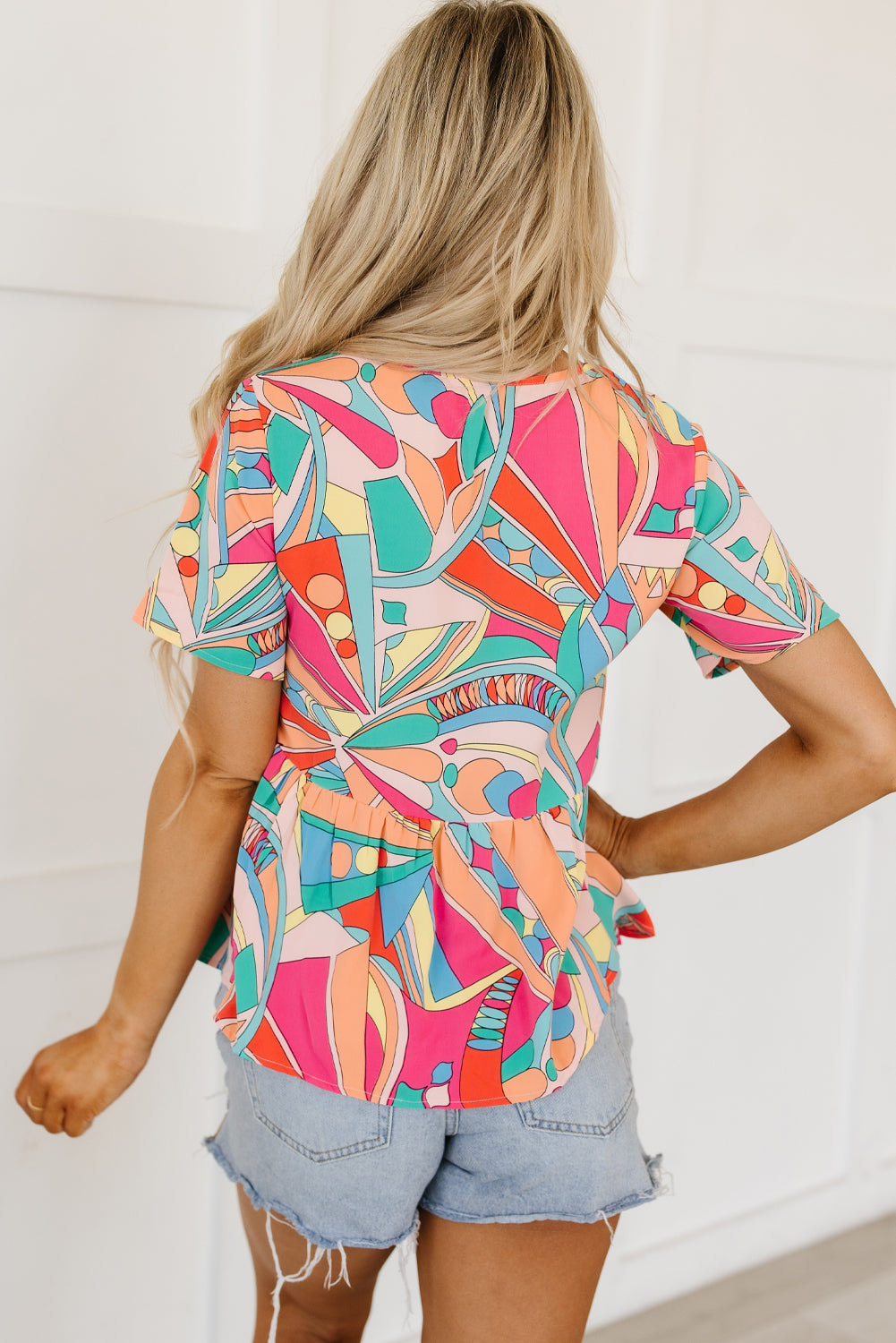 Multicolor Boho Abstract Pattern Split V Neck Flowy Blouse-Tops/Blouses & Shirts-[Adult]-[Female]-2022 Online Blue Zone Planet