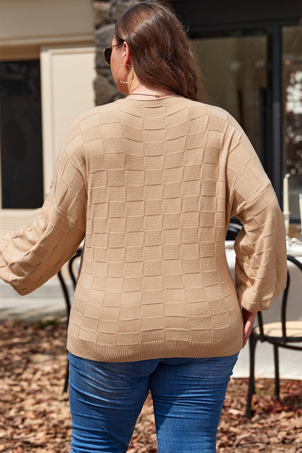 Light French Beige Solid Checkered Textured Knit Plus Size Sweater-Plus Size/Plus Size Sweaters & Cardigans-[Adult]-[Female]-2022 Online Blue Zone Planet