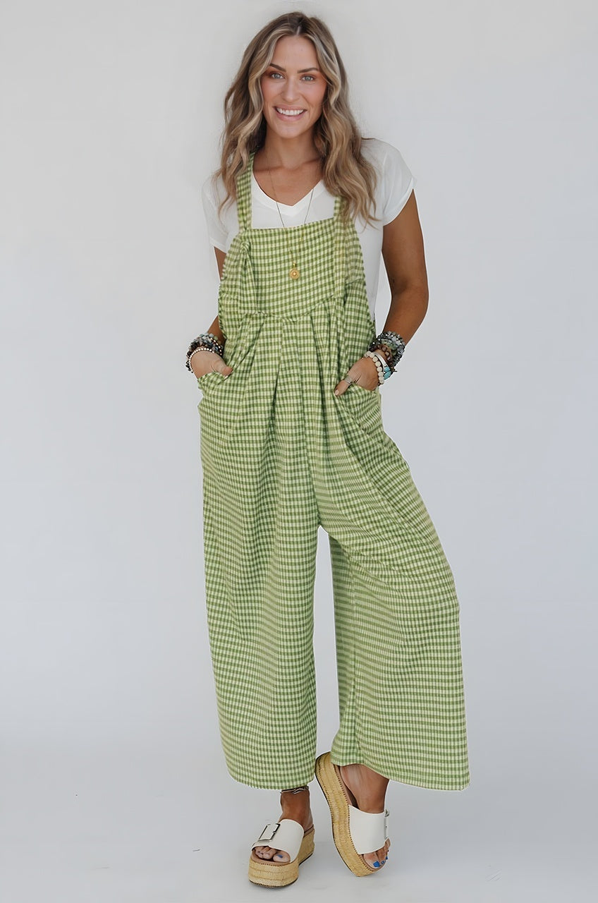Green Gingham Wide Leg Loose Overall with Pockets-Bottoms/Jumpsuits & Rompers-[Adult]-[Female]-2022 Online Blue Zone Planet