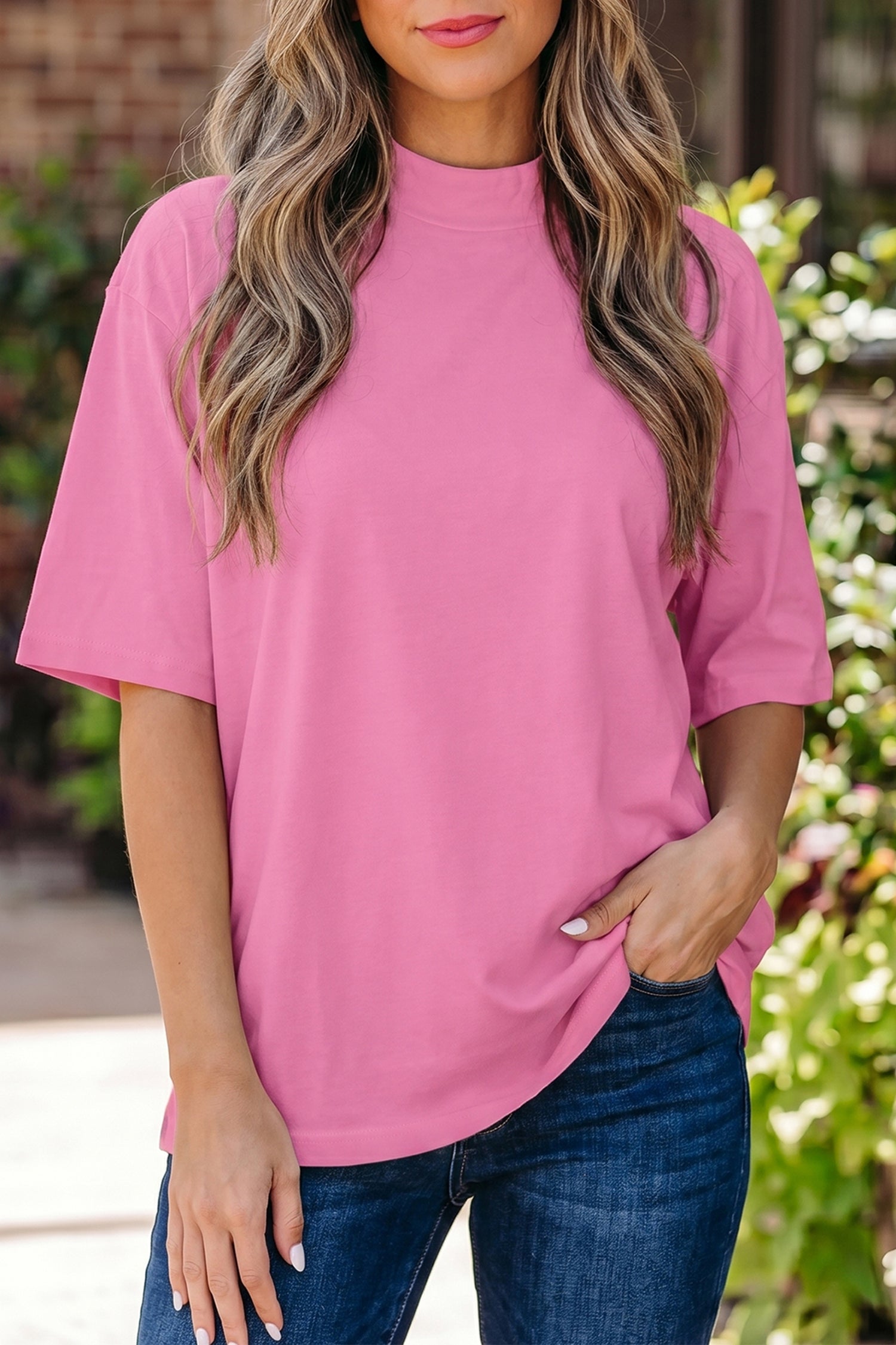 Pink Solid Color High Neck Oversize Tee-Tops/Tops & Tees-[Adult]-[Female]-2022 Online Blue Zone Planet