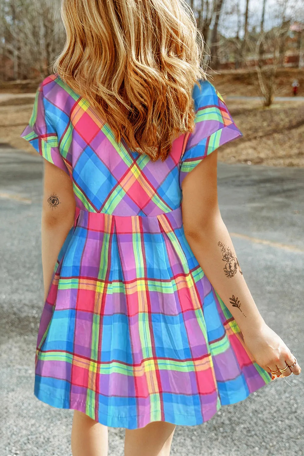 Plaid Notched Short Sleeve Mini Dress-TOPS / DRESSES-[Adult]-[Female]-2022 Online Blue Zone Planet