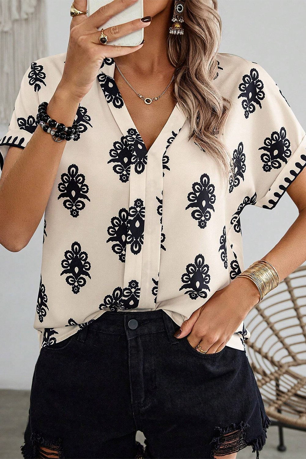 Black Geometric Print Short Sleeve V Neck Blouse-Tops/Blouses & Shirts-[Adult]-[Female]-Black-S-2022 Online Blue Zone Planet