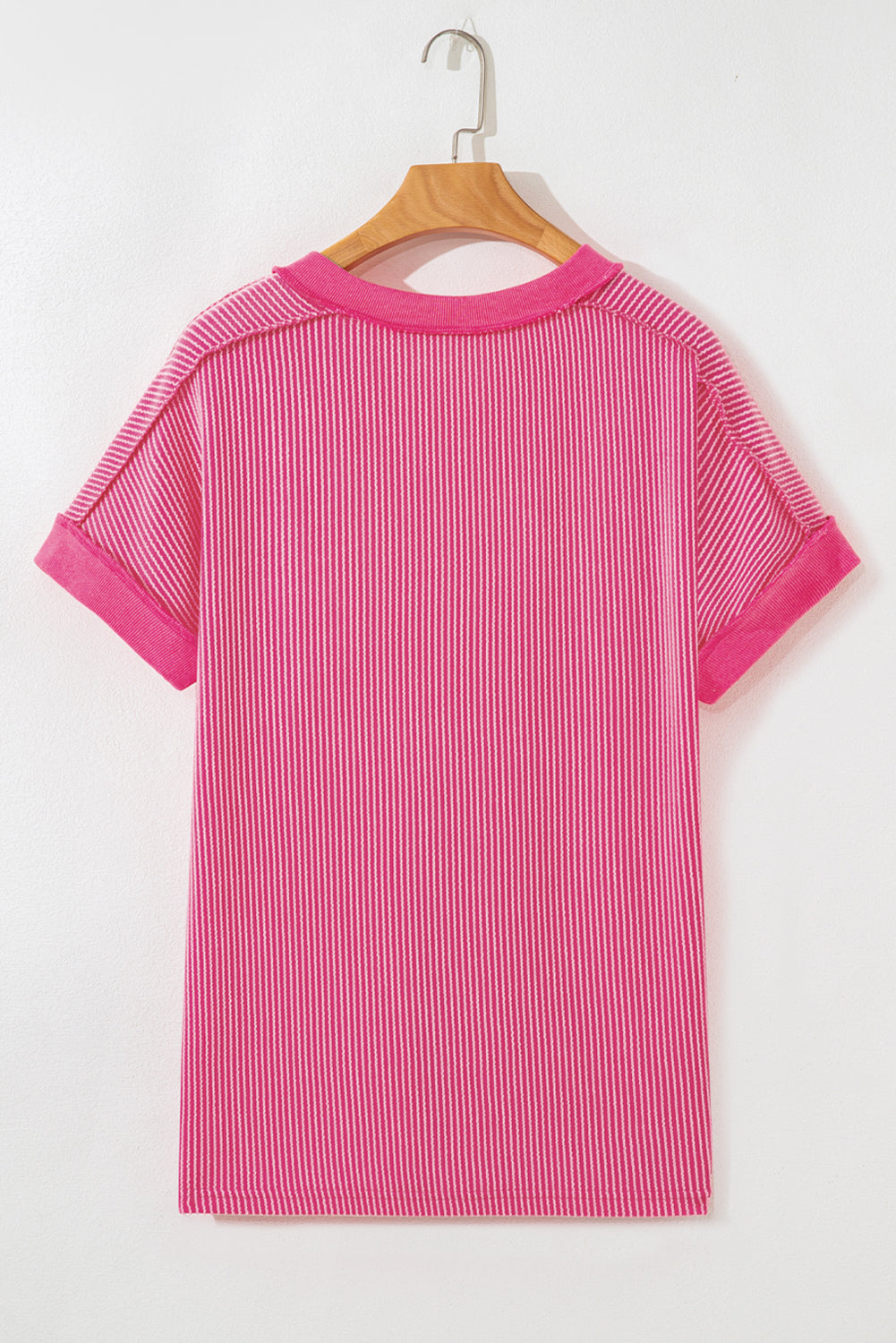 Rose Red Twisted Ribbed Knit V Neck Casual Tee-Tops/Tops & Tees-[Adult]-[Female]-2022 Online Blue Zone Planet
