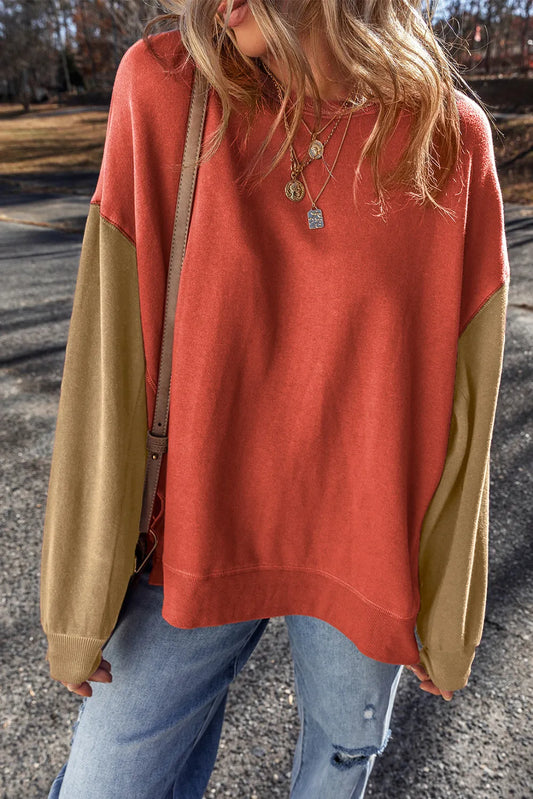 Blue Zone Planet | Contrast Round Neck Long Sleeve Sweatshirt-TOPS / DRESSES-[Adult]-[Female]-Orange-Red-S-2022 Online Blue Zone Planet