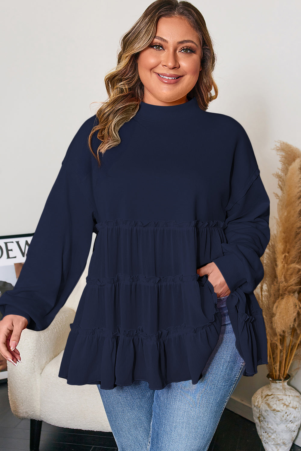 Navy Blue Tiered Ruffle Ribbed Crew Neck Pullover Plus Size Top-Plus Size/Plus Size Tops/Plus Size Blouses & Shirts-[Adult]-[Female]-2022 Online Blue Zone Planet
