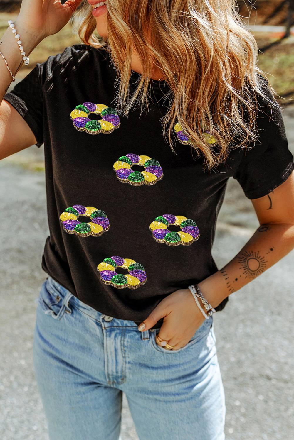 Black Sequined Mardi Gras Pattern Crew Neck Short Sleeve Top-Graphic/Graphic Tees-[Adult]-[Female]-2022 Online Blue Zone Planet