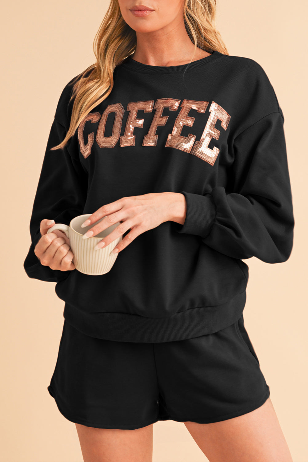 Straw Yellow Sequins COFFEE Loose Fit Sweatshirt and Shorts Set-Two Piece Shorts Sets-[Adult]-[Female]-Black-S-2022 Online Blue Zone Planet