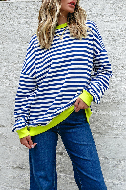 Sky Blue Stripe Striped Contrast Ribbed Trim Crossed Stitch Drop Shoulder Sweatshirt-Tops/Sweatshirts & Hoodies-[Adult]-[Female]-2022 Online Blue Zone Planet