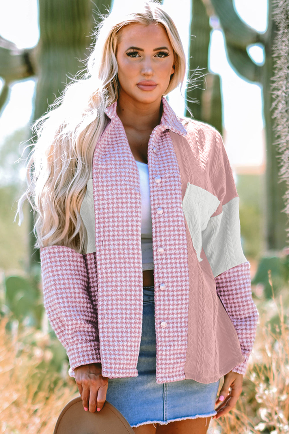Khaki Houndstooth Color Contrast Textured Patchwork Loose Shacket-Outerwear/Jackets-[Adult]-[Female]-Pink-S-2022 Online Blue Zone Planet