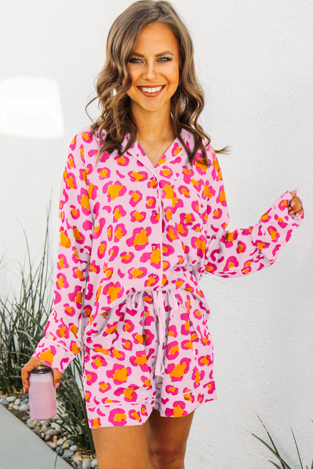 Pink Leopard Print Long Sleeve Shirt and Shorts Pajama Set-Loungewear & Sleepwear/Sleepwear-[Adult]-[Female]-2022 Online Blue Zone Planet