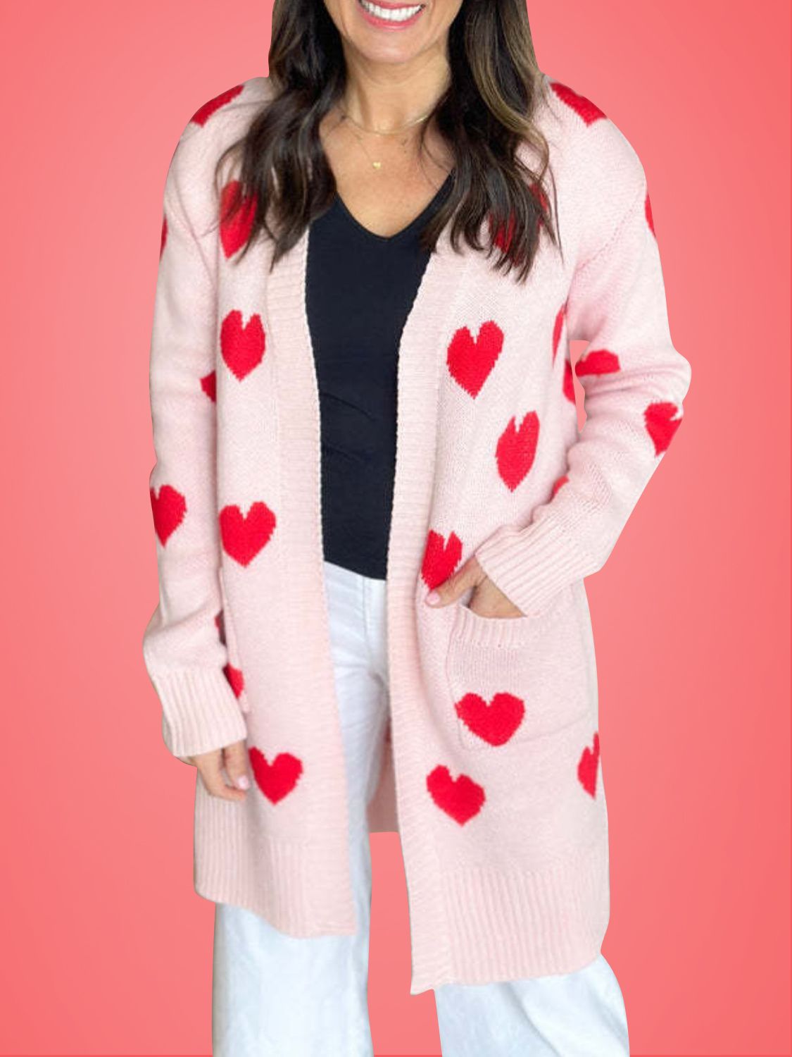 Heart Open Front Long Sleeve Cardigan-TOPS / DRESSES-[Adult]-[Female]-Blush Pink-One Size-2022 Online Blue Zone Planet