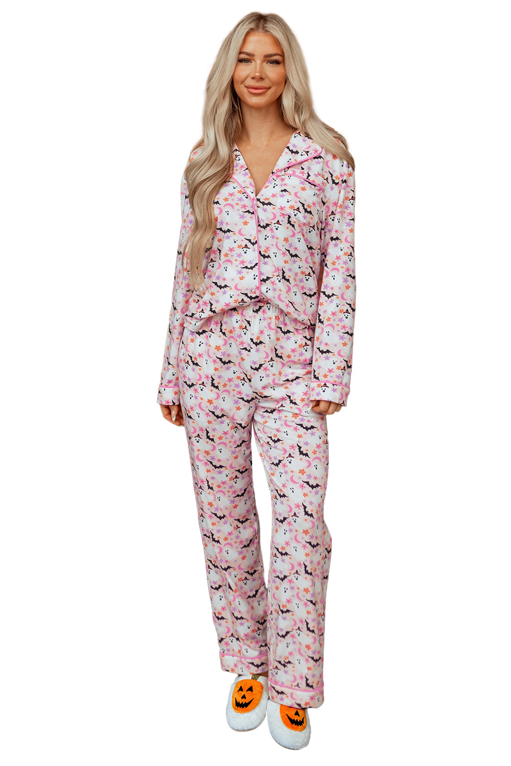 Pink Halloween Eve Haunted Honey Bat Print Pajama Set-Loungewear & Sleepwear/Sleepwear-[Adult]-[Female]-2022 Online Blue Zone Planet